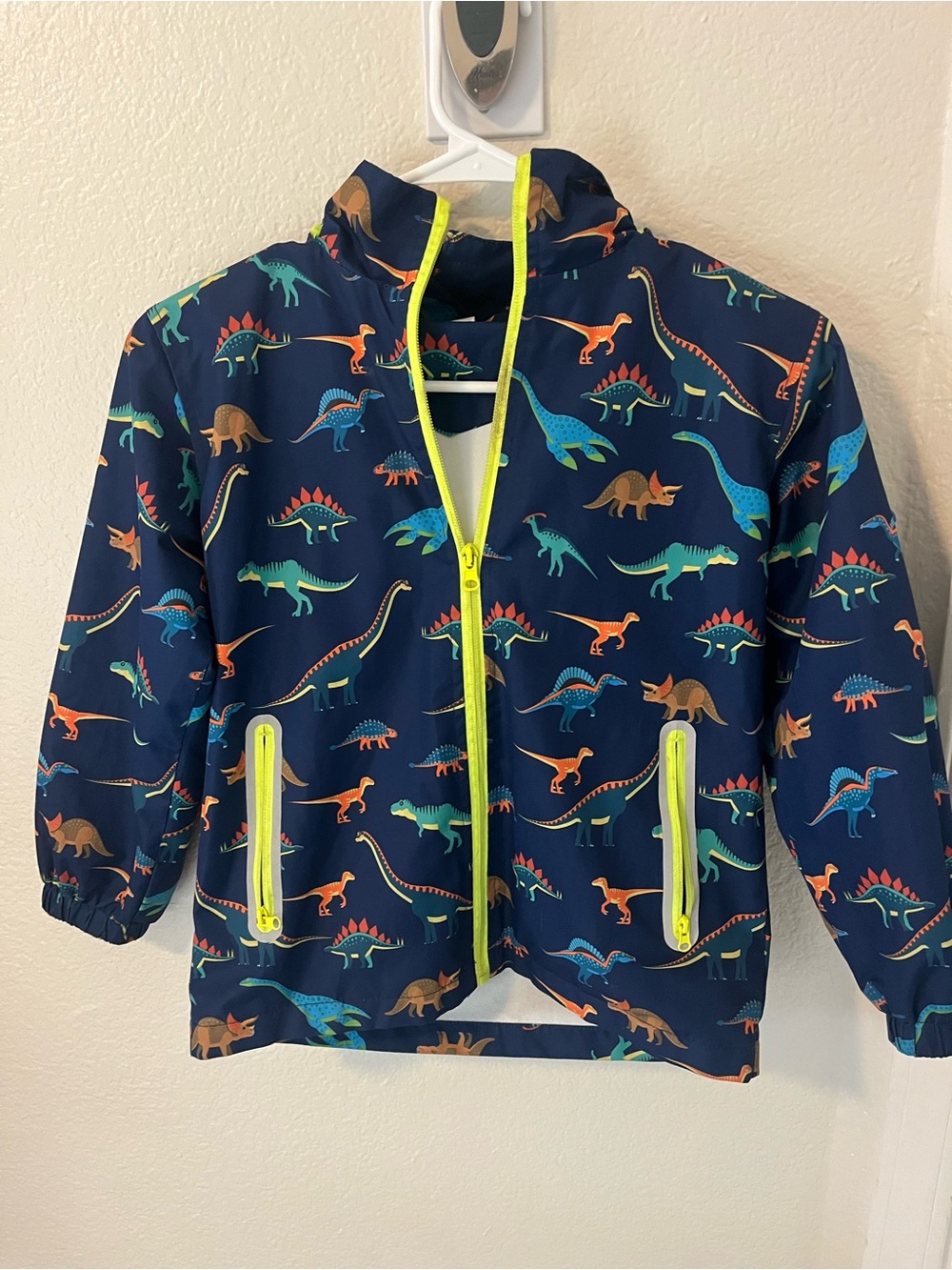 Kids Navy Dinosaur Raincoat with Neon Trim